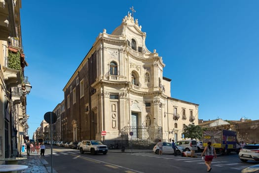 Catania, Italy - February 27, 2025: The church of San Placido stands imposingly in Catania. It is ideal for religious art and cityscape tourism campaigns, as it reflects the cultural depth of Sicily