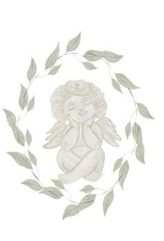 Watercolor Cupid in green leaf frame. Baptism angel. Hand drawn little Cherub in pastel colors on a white background. Clip art religious. Perfect for Valentine's Day and Christening cards and posters. High quality illustration. High quality illustration