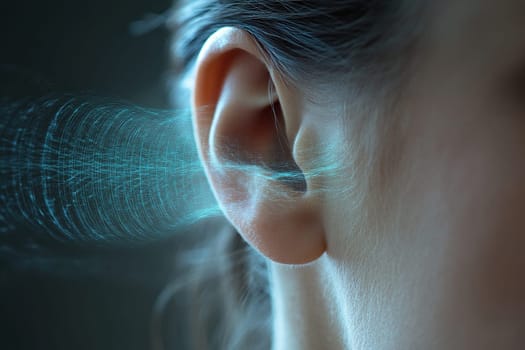 A sound wave enters a woman's ear. The human ear detects sound vibrations around it. The human auditory sensory system.