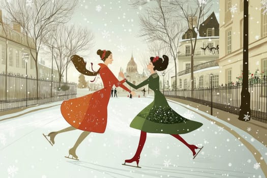 Two joyful friends are enjoying ice skating on a frozen path, surrounded by snowy trees and elegant buildings. The winter atmosphere is enhanced by falling snowflakes and decorations.
