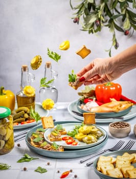 Chef is garnishing canapes with fresh parsley, showcasing a vibrant spread of appetizers, vegetables, and ingredients