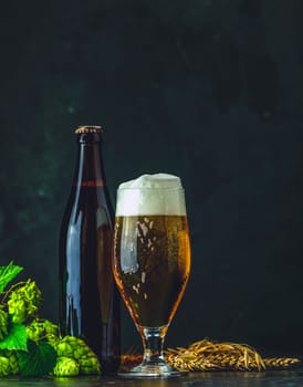 Refreshing beer in a glass and a bottle, accompanied by hops and barley, creating a perfect setting for enjoying a cold brew