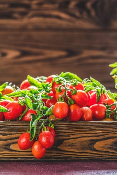 Ripe cherry tomatoes on the vine, glistening with water droplets, overflowing from a rustic wooden crate
