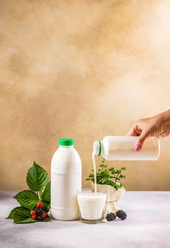 Woman is pouring kefir, a fermented milk drink, into glass with bottle, blackberries, and mint on neutral background