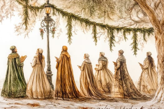 A gathering of elegantly dressed women carolers stands near a vintage lamp post adorned with greenery. They hold songbooks in a snowy setting, immersed in the joyous spirit of winter celebrations.
