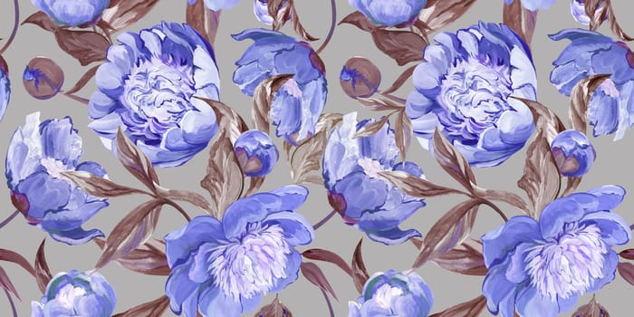 Botanical seamless pattern with peonies and sakura branches drawn in gouache for textile and design