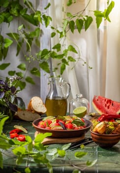Vibrant watermelon salad with lime, basil, and herbs, set in a rustic scene with olive oil, bread, and chili peppers