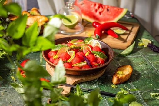 Refreshing watermelon salad with lime, basil, and edible flowers, served in a rustic bowl on a green table, perfect for a summer meal