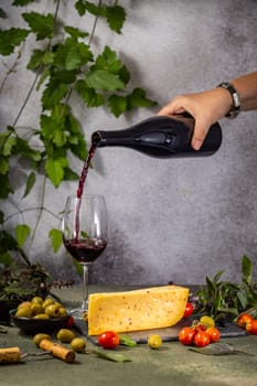Hand pouring red wine into glass next to cheese, olives, tomatoes, and herbs, creating an elegant appetizer setting