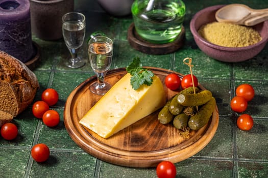 Wooden platter presents a traditional russian appetizer spread featuring vodka, cheese, pickles, and rye bread, accompanied by cherry tomatoes