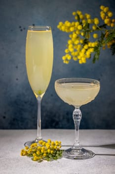 Two glasses of mimosa cocktails are garnished with mimosa flowers and placed on a table, creating a refreshing and celebratory atmosphere