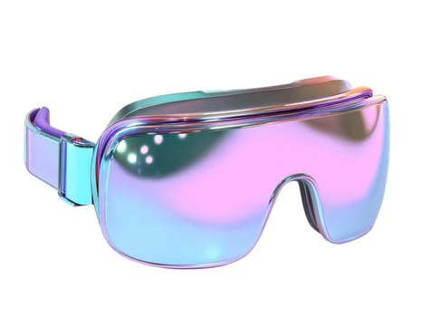 Futuristic holographic ski goggles isolated on white background. Stylish iridescent eyewear with a glossy, reflective finish, designed for winter sports and high-tech fashion.