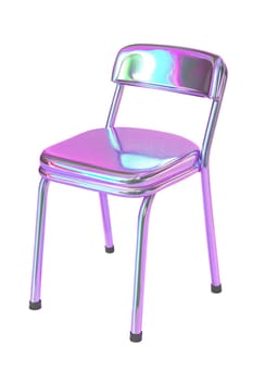 Stylish holographic metal chair with iridescent surface reflecting pastel colors, modern futuristic furniture, isolated on white background.