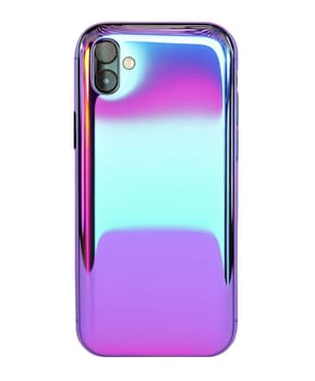 Modern holographic smartphone with iridescent glossy design, reflecting futuristic aesthetics and innovative technology, isolated on white background