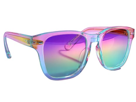 Futuristic iridescent sunglasses with gradient lenses isolated on white background. Stylish modern eyewear with transparent frame, high-tech fashion accessory