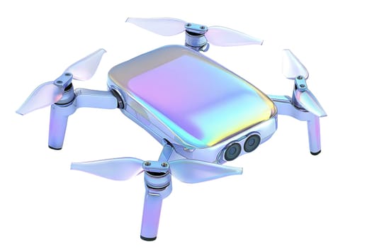 Futuristic holographic drone with a sleek iridescent body and transparent propellers, featuring high-tech cameras and a modern aesthetic, isolated on white background