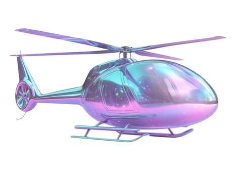 Futuristic glossy helicopter with iridescent surface isolated on white background. High-tech modern aircraft, luxury transportation, sleek design, cyber aesthetic