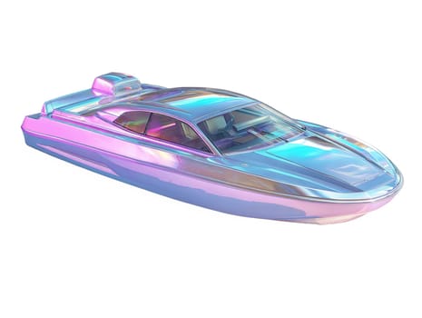Futuristic holographic speedboat with sleek iridescent surfaces and a luxury cyberpunk aesthetic, showcasing a modern high-tech design, isolated on white background