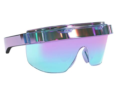 High-tech futuristic smart glasses with an iridescent holographic design, isolated on white background. Cyberpunk augmented reality eyewear.