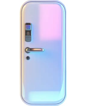High-tech iridescent security door with a modern smart lock and handle, isolated on white background. Futuristic and cyberpunk home technology design