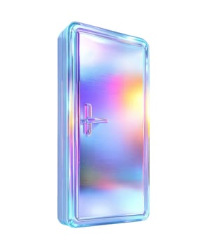 Modern iridescent door with a sleek metallic finish, isolated on white background. Stylish futuristic entryway with a glossy reflective surface.