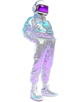 Futuristic astronaut wearing a holographic iridescent outfit with a high-tech helmet, sci-fi cyber fashion concept, isolated on white background.