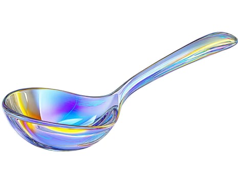 Futuristic holographic spoon isolated on white background. Glossy iridescent kitchen utensil with a sleek and modern reflective design for contemporary dining aesthetics.