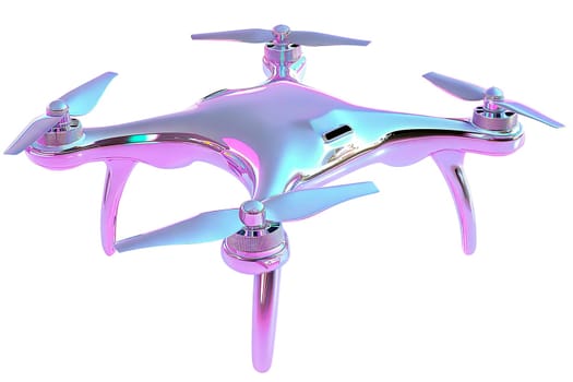 Futuristic holographic drone with a sleek iridescent body and transparent propellers, featuring high-tech cameras and a modern aesthetic, isolated on white background