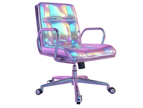 Modern holographic office chair with iridescent reflective surface, stylish ergonomic design for workspace and home office, isolated on white background.