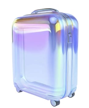 Futuristic holographic suitcase isolated on white background. Stylish travel luggage, iridescent carry-on, modern design, premium travel gear, cyber aesthetic, high-tech fashion, futuristic travel