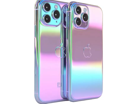 Futuristic holographic smartphone isolated on white background. Iridescent 3D mobile phone, luxury gadget, high-tech design, glossy finish, cyberpunk aesthetic, modern communication device