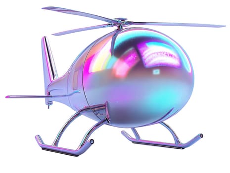 Futuristic glossy helicopter with iridescent surface isolated on white background. High-tech modern aircraft, luxury transportation, sleek design, cyber aesthetic