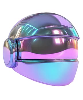 Futuristic holographic helmet with reflective iridescent surface, cyberpunk style, robotics, innovation, and technology concept, isolated on white background