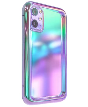 Modern holographic smartphone with iridescent glossy design, reflecting futuristic aesthetics and innovative technology, isolated on white background
