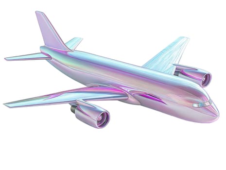 Futuristic holographic airplane isolated on white background. Modern aviation, iridescent aircraft, cyberpunk airliner, high-tech travel, glossy futuristic jet, sci-fi inspired plane, luxury air travel
