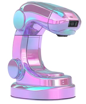 Futuristic holographic robotic arm with iridescent reflective surface, advanced AI technology and automation concept, isolated on white background.
