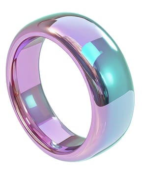Futuristic iridescent ring with a glossy metallic finish, isolated on white background. Modern minimalistic jewelry with a sleek and reflective surface