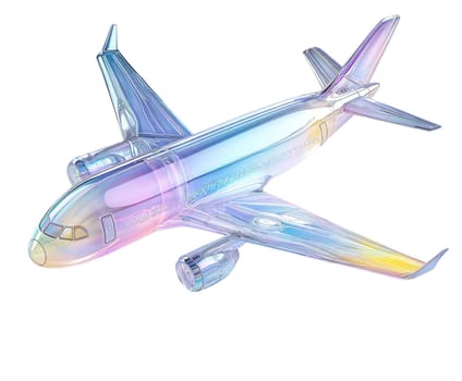 Futuristic holographic airplane isolated on white background. Modern aviation, iridescent aircraft, cyberpunk airliner, high-tech travel, glossy futuristic jet, sci-fi inspired plane, luxury air travel