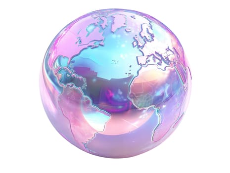 Futuristic holographic globe isolated on white background. Iridescent 3D earth model, digital world map, cyberpunk sphere, modern technology concept