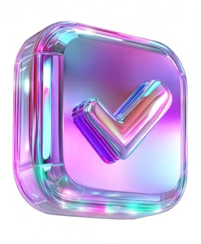 Futuristic glossy checkmark icon with iridescent colors, isolated on white background. Shiny verification symbol, success, approval, digital UI, technology, cyberpunk aesthetic