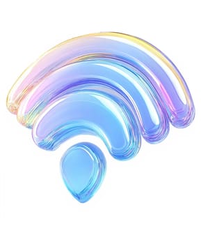 Futuristic holographic WiFi symbol isolated on white background. Iridescent wireless network icon, high-tech internet signal, glossy 3d cyber symbol