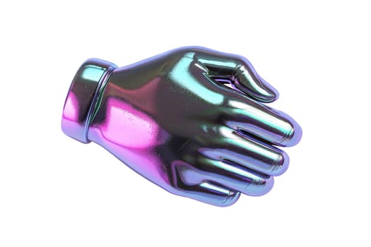 Futuristic metallic robotic hand isolated on white background. Glossy iridescent cybernetic prosthetic with a high-tech aesthetic for sci-fi and futuristic design themes.