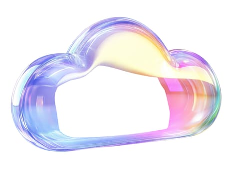 Futuristic iridescent cloud-shaped frame with a glossy, holographic finish, isolated on white background. High-tech digital concept.