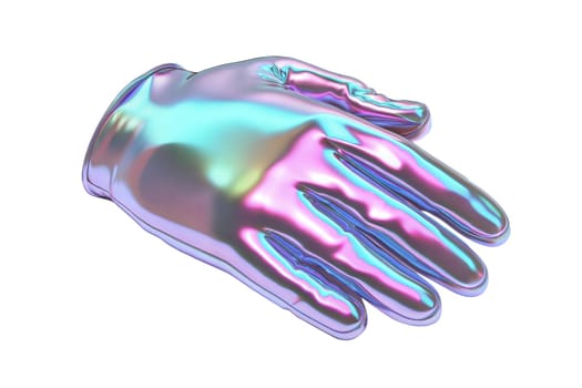 Futuristic robotic hand with iridescent metallic surface reaching out, isolated on white background. High-tech, AI, cybernetic innovation, future technology, sci-fi concept