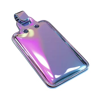 Futuristic holographic luggage tag with iridescent reflective surface, modern travel accessory and identification concept, isolated on white background.