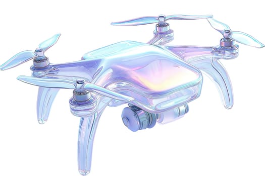 Futuristic holographic drone with a sleek iridescent body and transparent propellers, featuring high-tech cameras and a modern aesthetic, isolated on white background