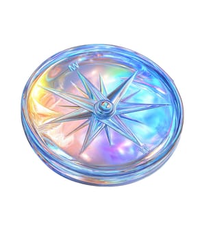 Futuristic iridescent compass isolated on white background.