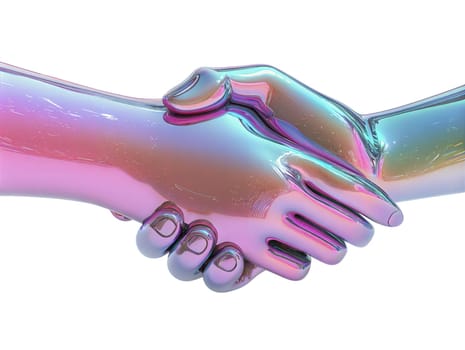 Futuristic holographic handshake with iridescent reflective surface, symbol of partnership, agreement, and collaboration, isolated on white background.