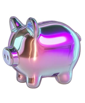 Futuristic holographic piggy bank with iridescent reflective surface, symbol of saving, finance, and investment, isolated on white background.