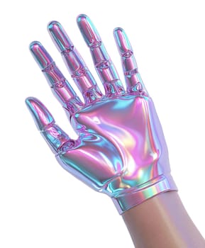 Futuristic robotic hand with iridescent metallic design, isolated on white background. Shiny high-tech cybernetic hand concept, AI, technology, innovation, prosthetic, cyberpunk, future